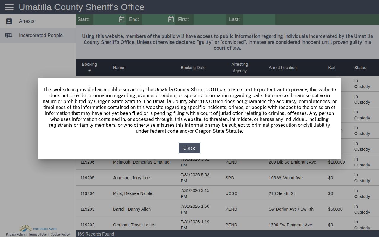 Umatilla County released inmate lookup current custody interface