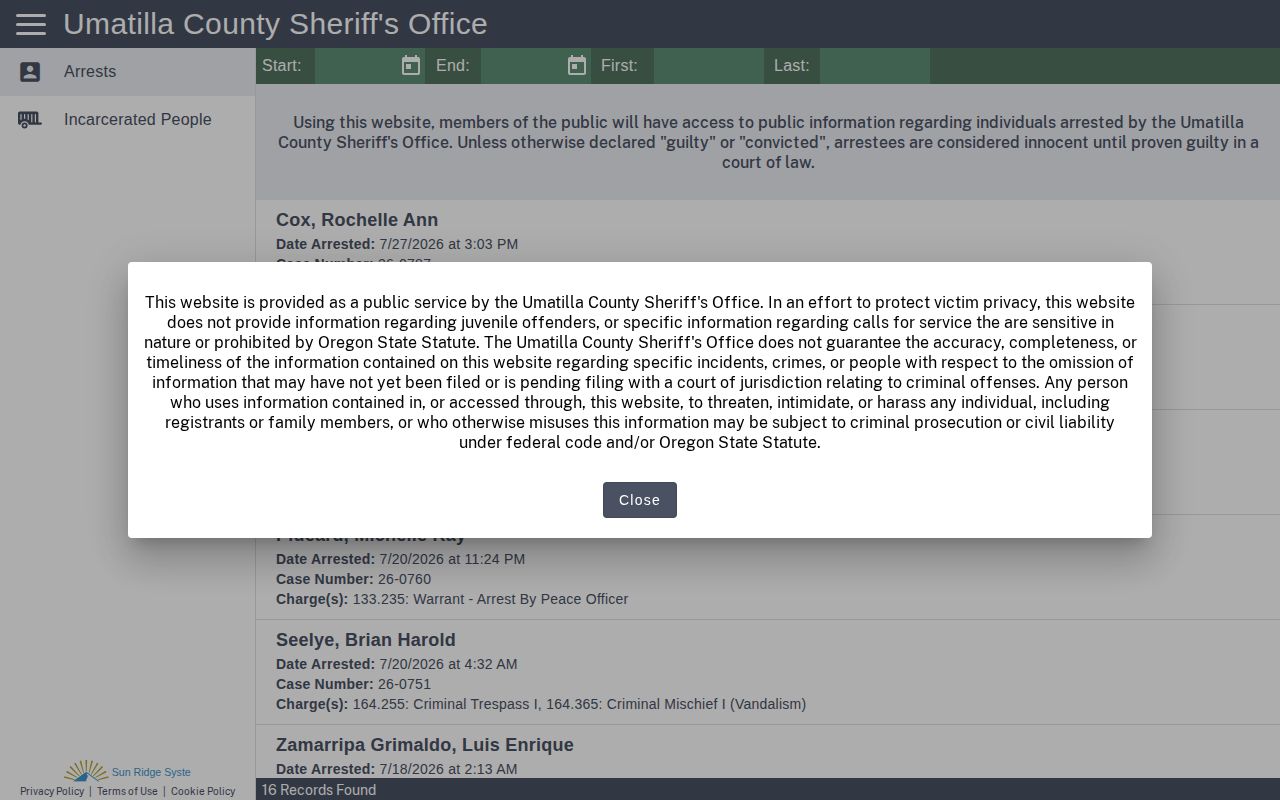 Umatilla County arrest archive used to identify a booking, not a 24-hour release list